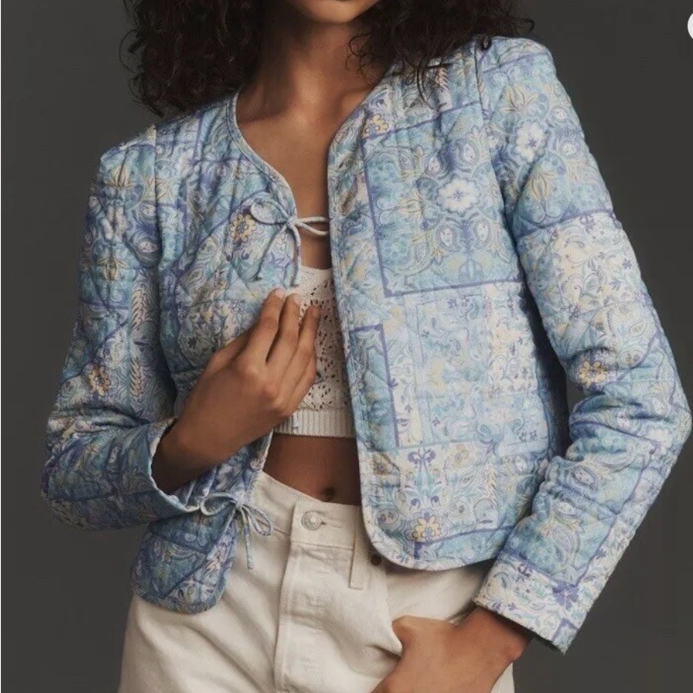 Anthropologie Quilted Patchwork Jacket in Light Blue and Cream